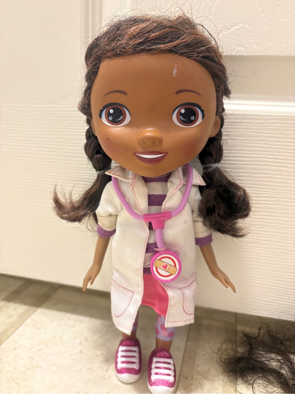 Doc McStuffins-Inspired Brown Doll with White Coat and Pink Stethoscope